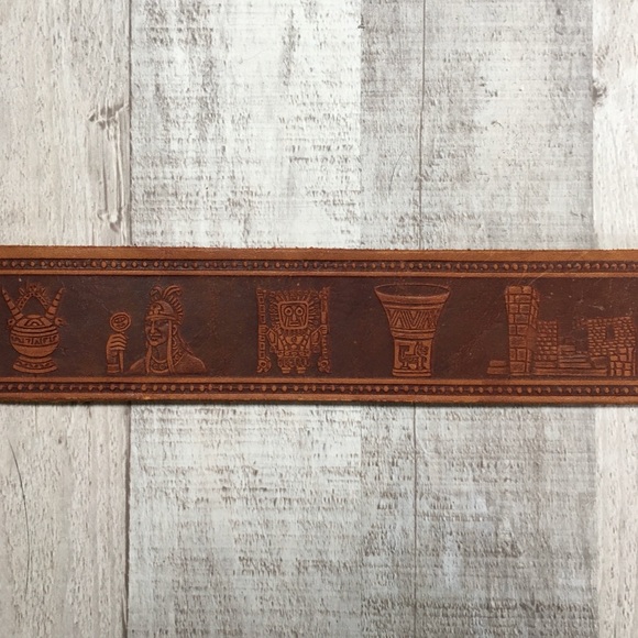 Vintage Wide Tooled Leather Belt w/ Incan Imagery - Picture 2 of 5